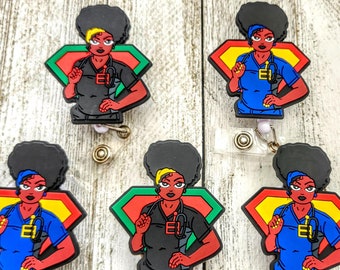 5 Piece Black Woman Badge Reel, Nurse Girl Magic, African American Female Retractable Clip, Scrubs Appreciation, Work Labor ID Holder