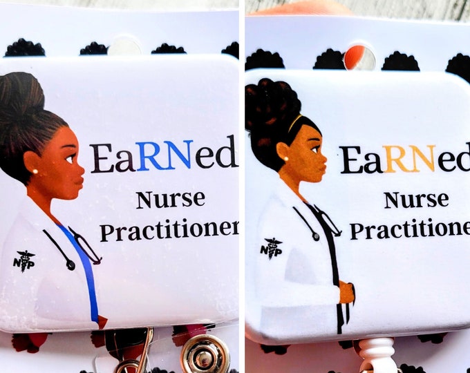 Nurse Practitioner Art Retractable Badge Buddy, Advanced Practice Badge ID Holder, African American Female Lanyards, EaRNed Reels