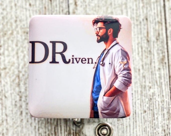 2 Male Physician Personalized Badge Reels, Custom Retractable Lanyard, Medical Practice ID Holder, DR Gifts, Labor DRiven Doctor