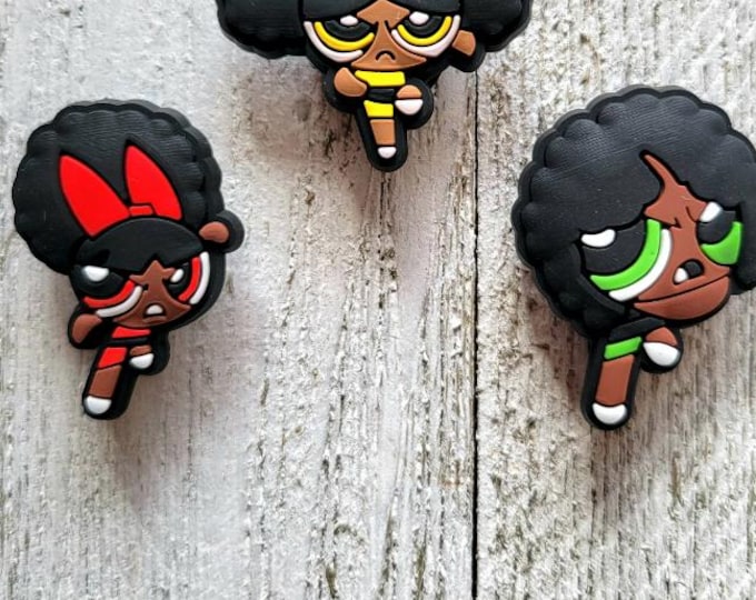 Black Powerpuff Clog Charms, African American Shoe Accessories, Halloween Christmas