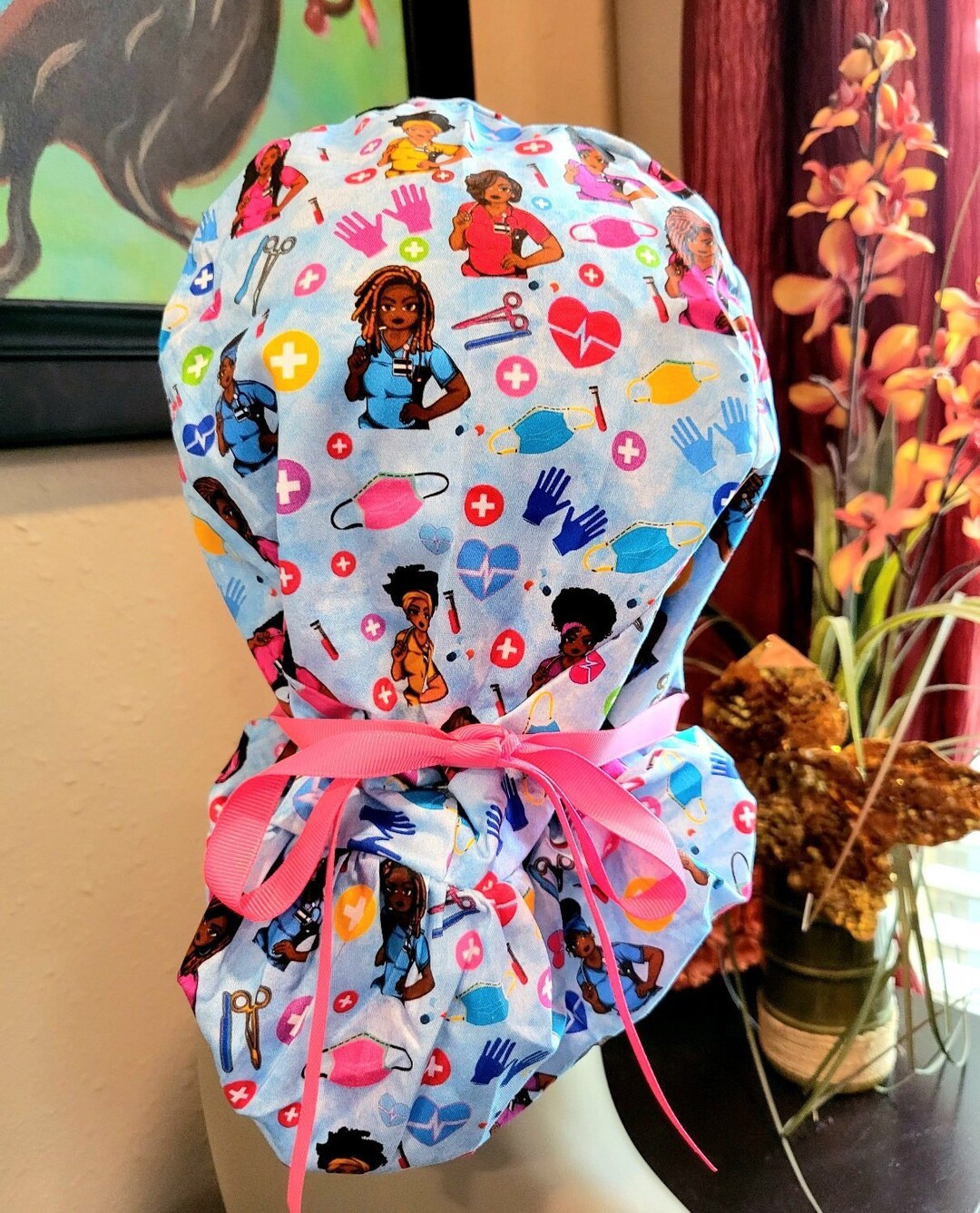 African American Scrub Caps for Long Hair, Satin Lined, Scrub Hat