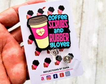 2 Coffee Scrubs and Rubber Gloves Badge Reel, Cappuccino Retractable Lanyard, Physician Healthcare ID, Nurse Teacher Appreciation