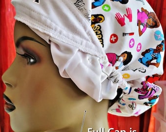 Surgical Scrub Cap: Pink Satin Lined Cotton Bouffant, Healthcare Cuties Print