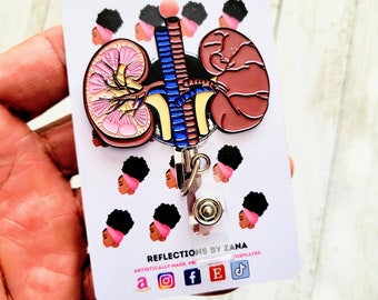 Enamel Kidney Retractable ID Holder, Thank You Gift For Doctor, Anatomical Badge Buddy, Dialysis Nurse Reels, Reflections by Zana