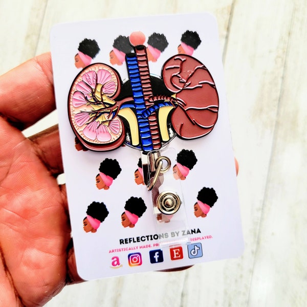 Enamel Kidney Retractable ID Holder, Thank You Gift For Doctor, Anatomical Badge Buddy, Dialysis Nurse Reels, Reflections by Zana