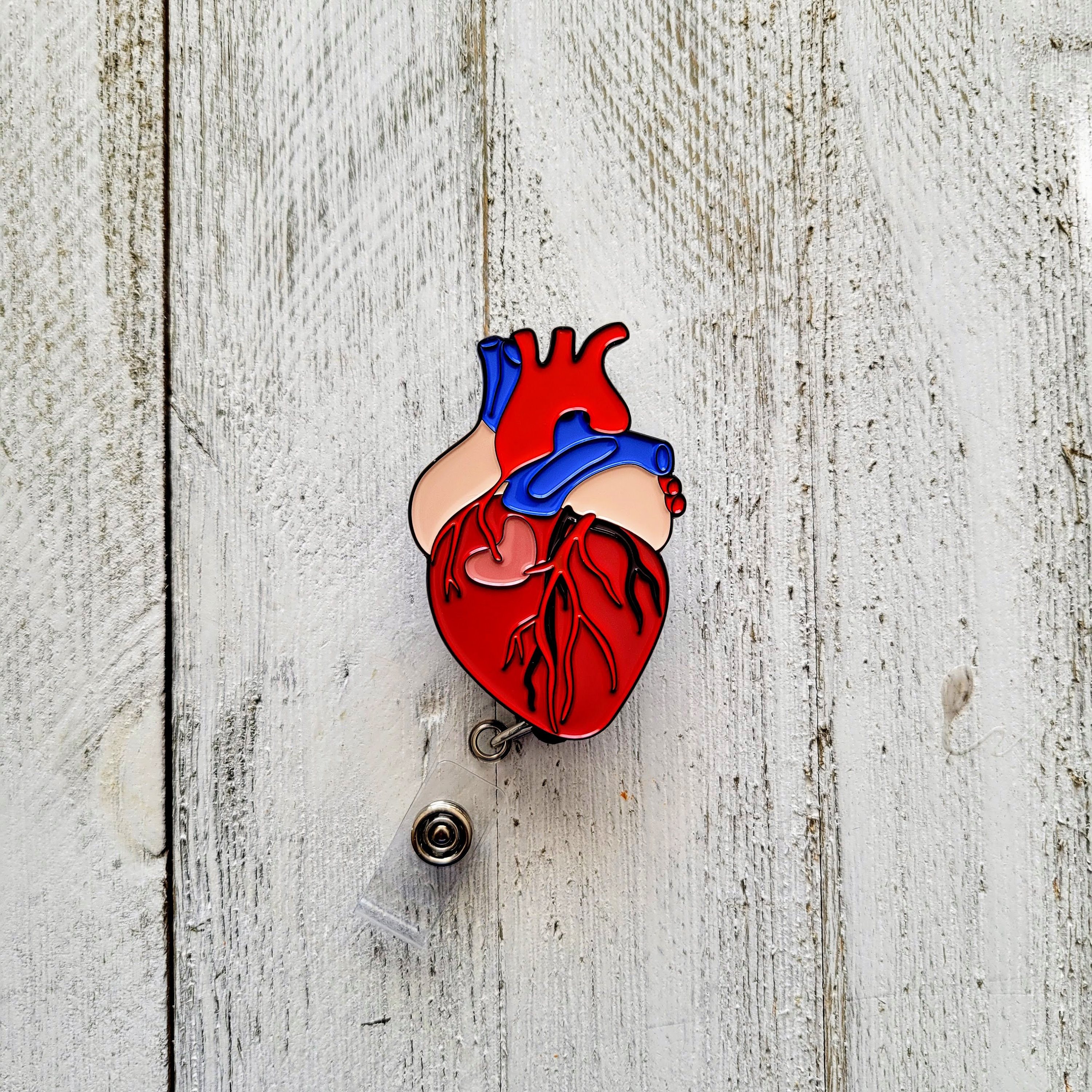 Cardiology Badge Reel, Red Heart Retractable ID Badge Holder