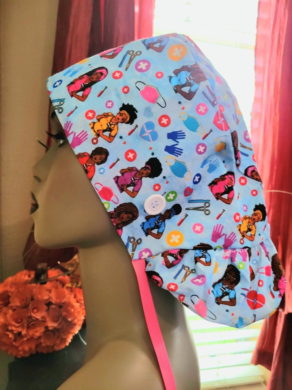 African American Scrub Caps for Long Hair, Satin Lined, Scrub Hat