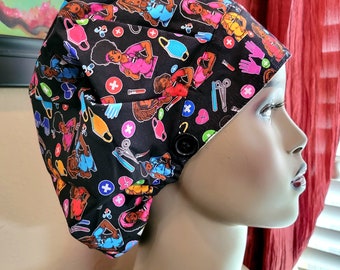 Surgical Pink Satin Lined Bouffant Scrub Cap, Satin Lined Scrub Hat, Black Girl Scrub Hat, African American Nurse, Short Hair Cap, OR Cap