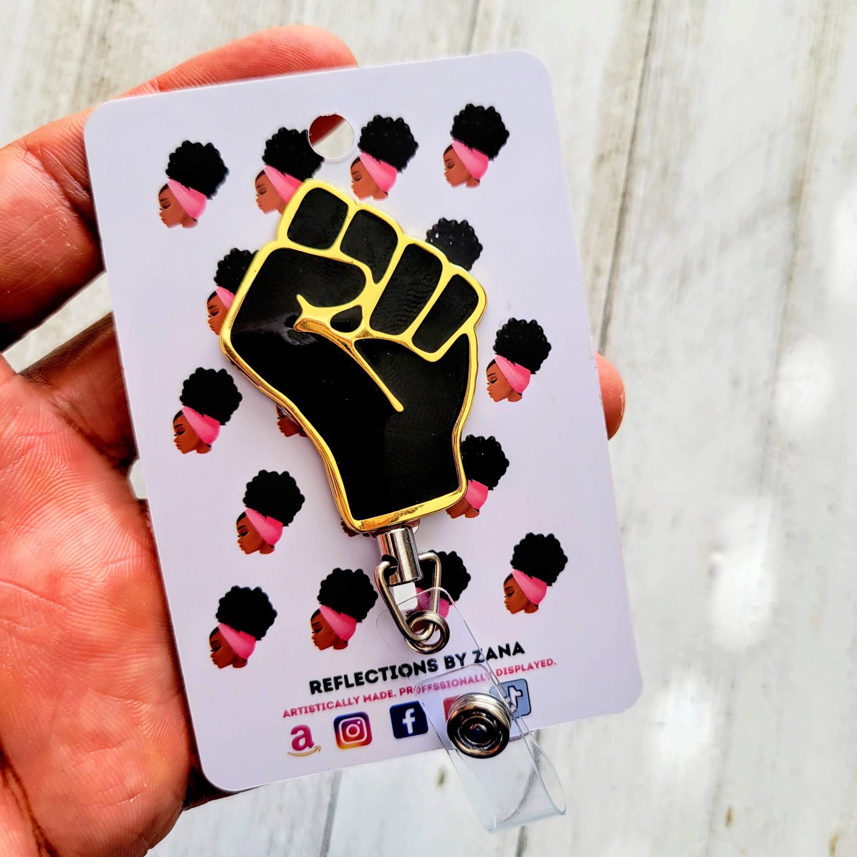 Black Fist Badge Reels, Social Justice Enamel Pin, Activism ID