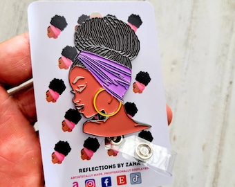 Black Woman with Loc Bun ID Badge, Teacher Lanyard, African American Badge Reels, Cute Ebony Badge Reels, Black History