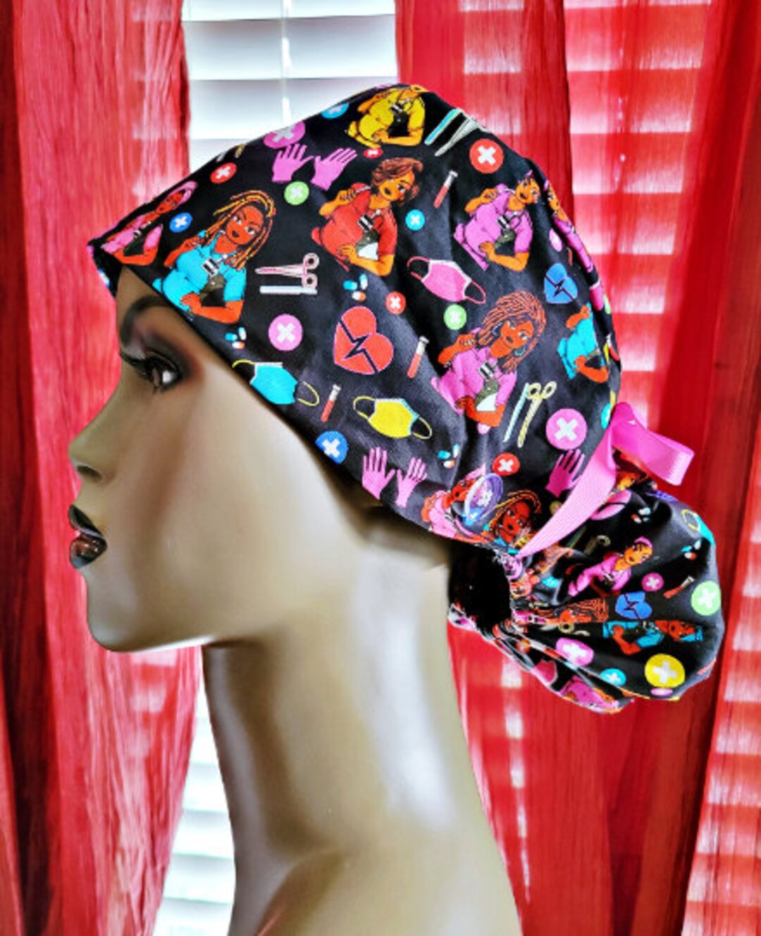 African American Scrub Caps for Long Hair, Satin Lined Hats, Women