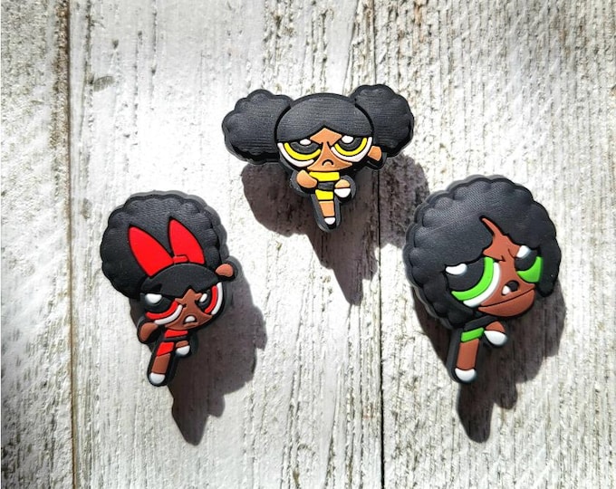 Black Powerpuff Clog Charms, African American Shoe Accessories