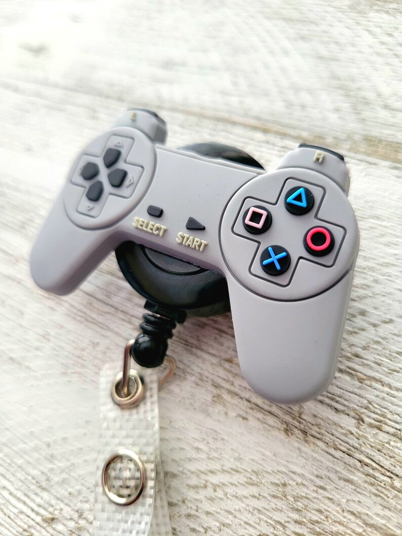 PS1 Video Game ID Badge Holder, Game Controller Badge Reels, Gamer Badge Buddy or Keychain, Teacher Hospital Nurse Clip, Controller Badge OG Grey