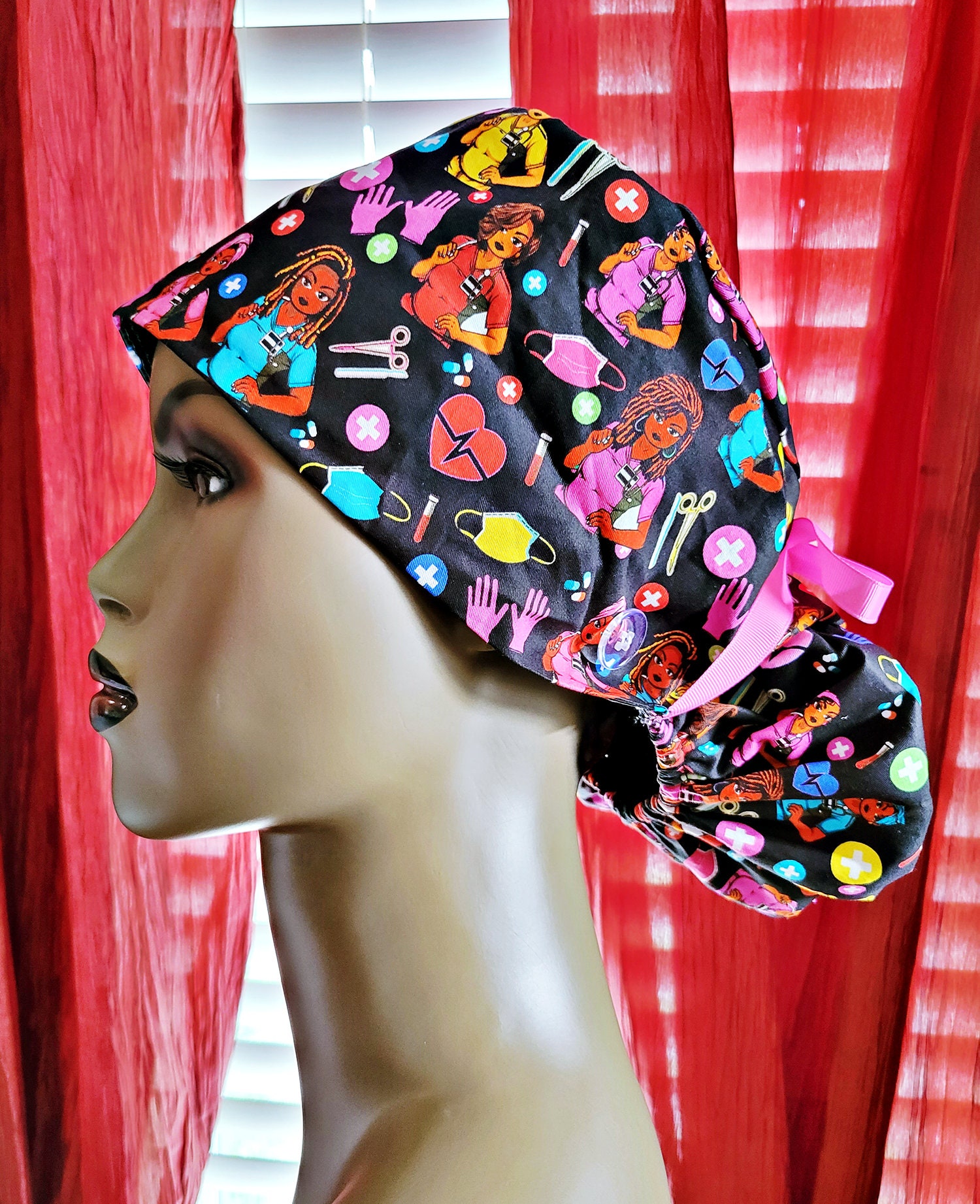 African American Scrub Caps for Long Hair, Satin Lined, Scrub Hat