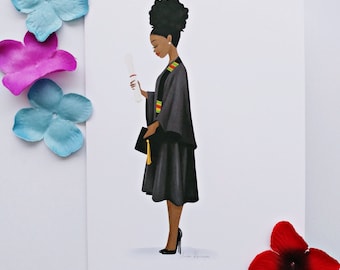 DIY Framable Blank Afro Bun African American Graduate Black Greeting Card, Congratulatory 5x7 inch