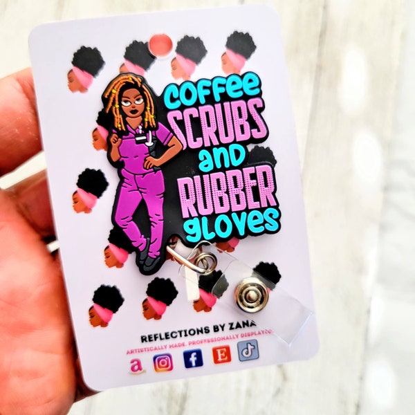 Coffee Scrubs and Rubber Gloves ID Holder, African American Female Retractable Badge Buddy Reels, Black Girl Magic Lanyard, Healthcare