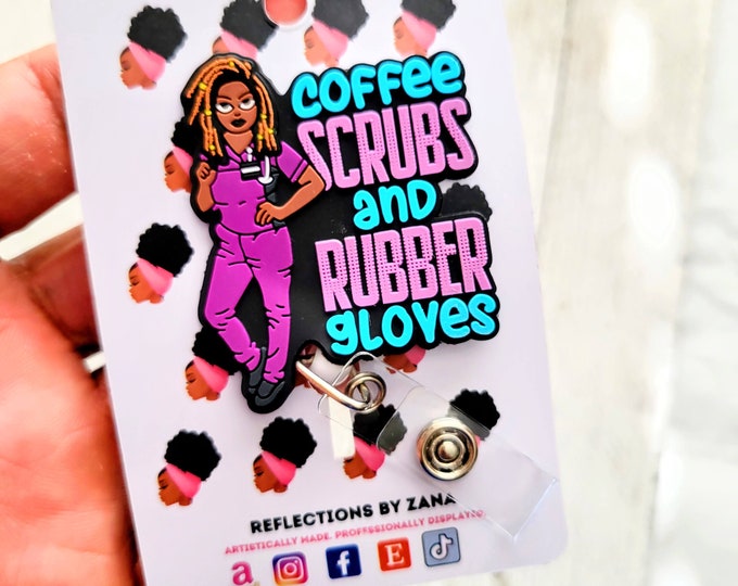 Coffee Scrubs and Rubber Gloves ID Holder, African American Female Retractable Badge Buddy Reels, Black Girl Magic Lanyard, Healthcare