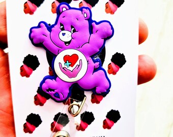 Purple Heart Health Care Bears Lanyard, 80's Nostalgia Nurse Retractable ID Holder, Animal Badge Reel, Fun Dog Clip, Puppy, Baby, Pet, Cat