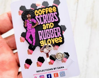 Coffee Scrubs and Rubber Gloves ID Badge Holder, Retractable Reels, Black Nurse Badge Reel