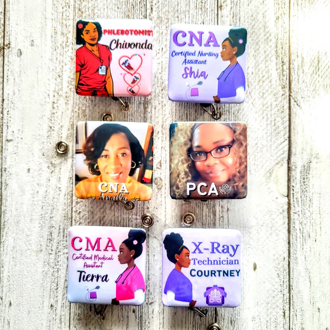 CMA Cpht Art Retractable Black Girl Badge Buddy, Phlebotomy ID Holder, CST  Reels, Pca Pct Lanyards, Reflections by Zana 