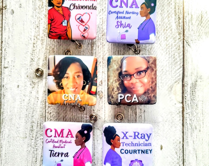 CMA CPht Art Retractable Black Girl Badge Buddy, Phlebotomy ID Holder, CST Reels, Pca Pct Lanyards, Reflections by Zana