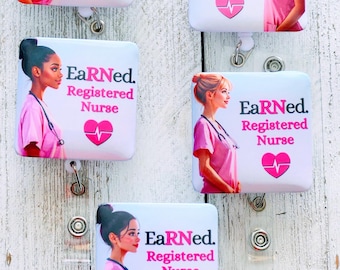 2 RN Retractable Nursing Badge Reels, EaRNed Not Given Custom Nurse Holder, Female Character Lanyard