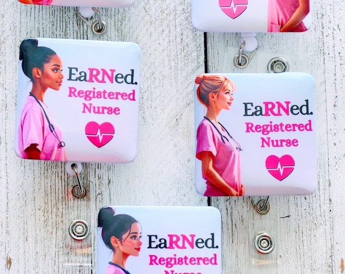 2 RN Retractable Nursing Badge Reels, EaRNed Not Given Custom Nurse Holder, Female Character Lanyard