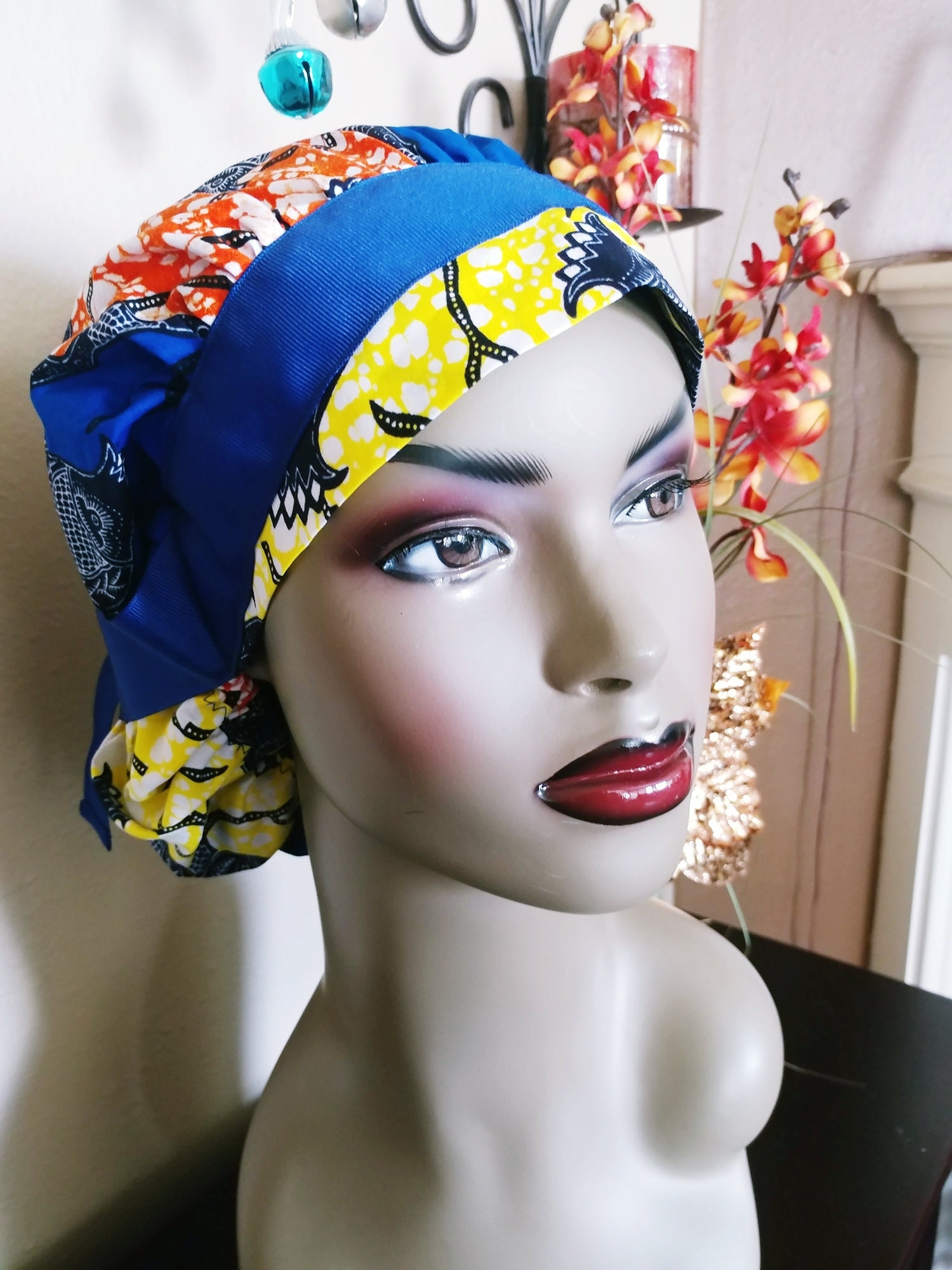 Blue Yellow African Ankara wax fabric Multi-Colored Bouffant surgical ...