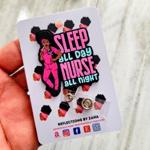 Black Girl Badge Reel, Night Nurse Buddy Clip, ID Badge Holder, Sleep All Day Lanyard, Scrubs Appreciation, Juneteenth Nurse Badge Reel