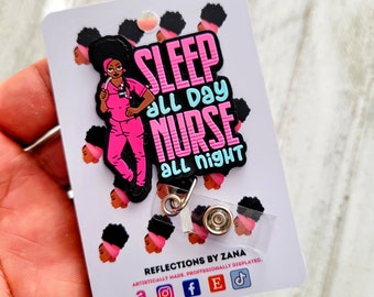 Nurse All Night Badge Reels, African American ID Badge Holder, Sleep All Day Lanyard, Scrubs Appreciation, Black Nurse Badge Reel