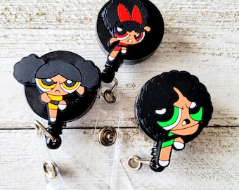 Powerpuff Girls Badge Reel, Black Nurse Clip, Retractable ID Holder, Girl Power PVC Buddy Patch, African American, Scrubs Appreciation