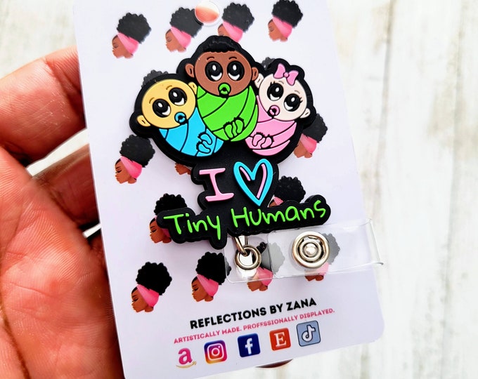 I love Tiny Humans Badge Reel, Pediatric Nurse ID Holder, OBGYN Gift, Labor and Delivery, Obstetrician Name Tag Clip, Black Nurse Badge Reel