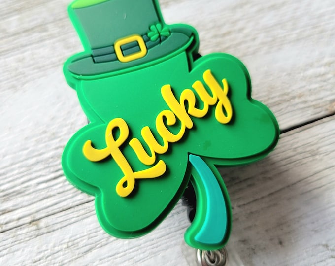 ADD-ON Clip, Lucky 4-Leaf Clover Clip, St. Patricks Day Badge Reel, Retractable ID Holder