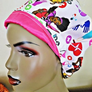 Surgical Scrub Cap: Pink Satin Lined Cotton Bouffant, Healthcare Cuties Print