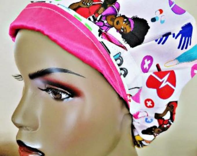 Surgical Pink Satin Lined Bouffant Scrub Cap, Satin Lined Scrub Hat, Black Girl Scrub Hat, African American Nurse, Short Hair Cap, OR Cap