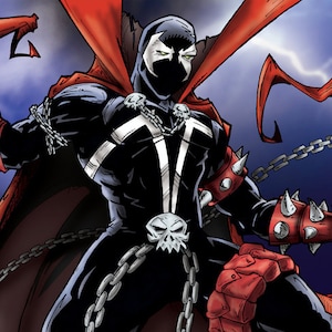 May include: Comic book illustration of a superhero in a black suit with a white emblem, chains, and a red cape. The character has a mask, skull accents, and spiked gauntlets. The background is a dark blue with lightning.