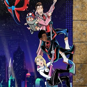 May include: Illustration of Spider-Man characters swinging from a web in front of a city skyline. The characters include Spider-Man, Spider-Gwen, and others, with a futuristic mask in the background. The color palette includes blues, pinks, and blacks.