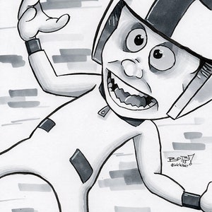 May include: Black and white illustration of a cartoon character wearing a helmet and a white jumpsuit. The character has a wide smile and is holding out one arm. The background is a brick wall.