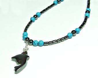 Necklace and Earring Set for Women. Dolphin. Jewellery Set. Turquoise. Hematite Gift Ideas. Gemstone Jewellery For Her. Haematite. A0407