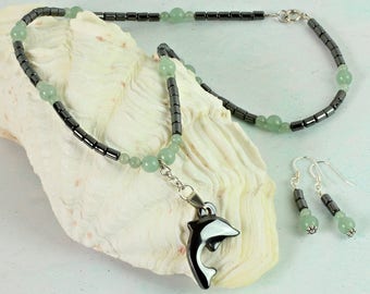Beach Jewellery for Women. Nature Lover Gift. Jewellery Set Gift Ideas. Aventurine. Dolphin Necklace with Matching Earrings. Haematite. 0405
