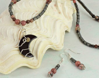 Jewellery Set Gift Idea. Moon Necklace for Women. Rhodonite. Hematite. Matching Earrings. Multi Stone. Gemstone Jewellery. Haematite. A0412