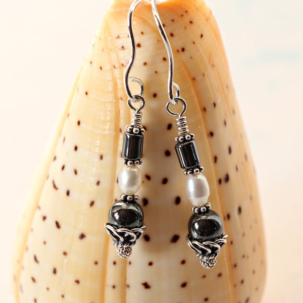 Hematite Pearl Drop Earrings.  Mum Earring Gift. 925 Sterling Silver, Freshwater Pearls, Haematite Earrings