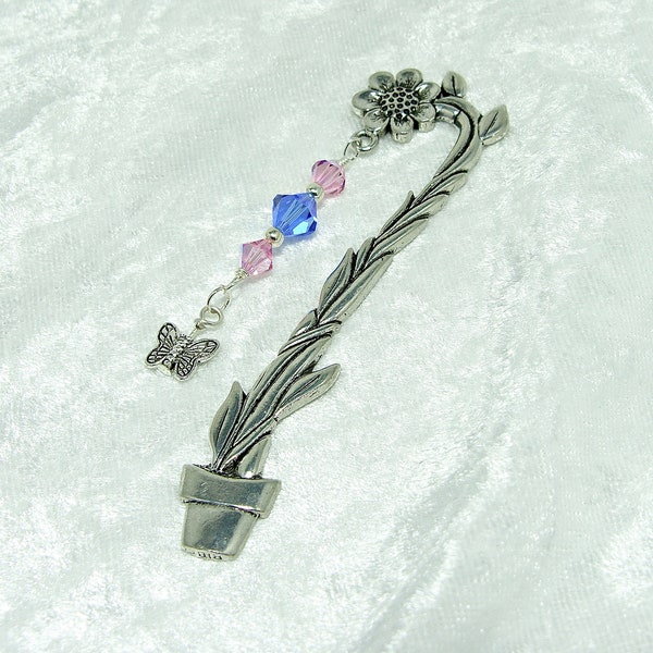 Bookmark Bookworm Gifts, Sunflower Swarovski Bookmark with Butterfly Charm, Pewter Bookmark, September Birthstone Bookmark