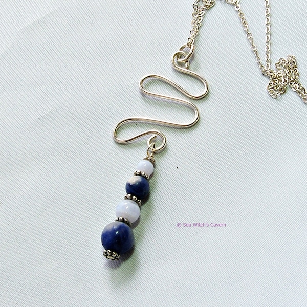Collier Drop avec Sodalite et Blue Lace Agate | Cadeau collier pour elle | Bijoux Multi Gemstone | Pendentif Sterling Silver Wirework