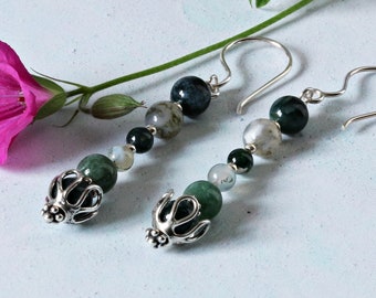 Green Gemstone Earrings. Moss Agate Jewelry. Gift for Women. Long Dangle Earrings. Birthday Gift. Sterling Silver. Modern Everyday Earrings.