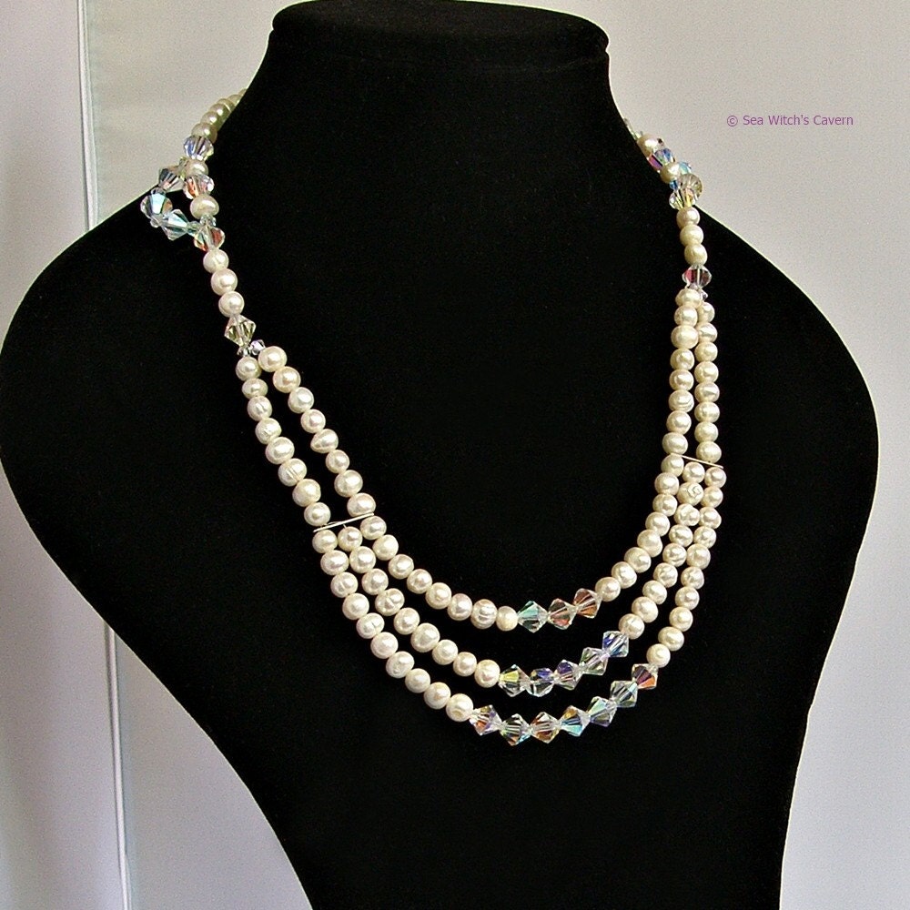 Freshwater Pearl Necklace With Swarovski Crystal Vintage Style Multi ...