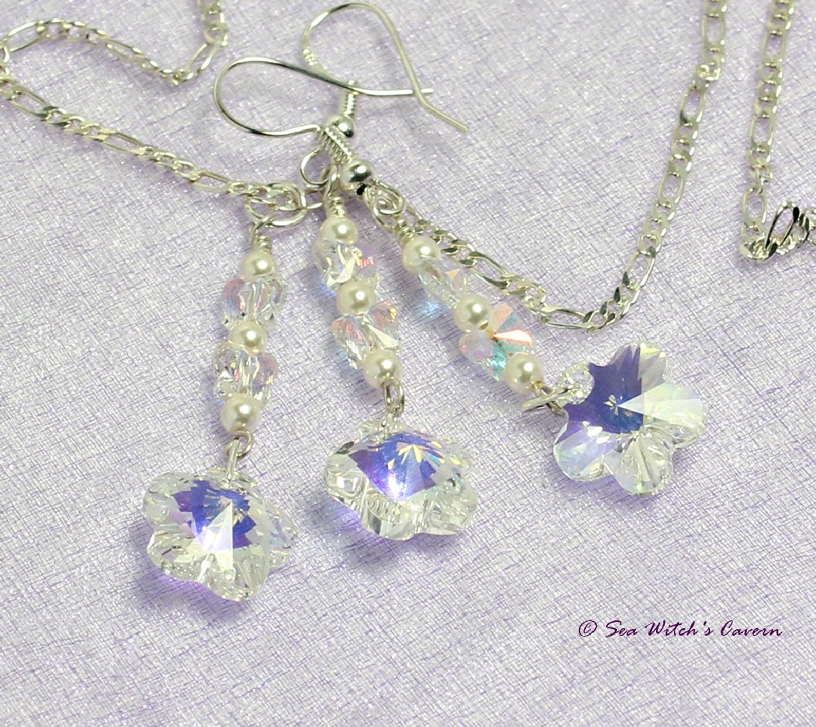 Crystal Flower Jewellery Set With Pearls Swarovski Necklace Etsy UK