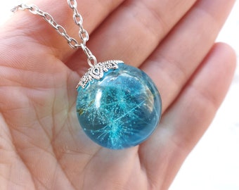 Blue dandelion sphere necklace, Real dandelion seeds necklace, Dandelion ball pendant, Dandelion ball necklace, Resin dandelion jewelry