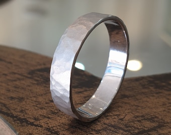 Handmade 14k White Gold Hammered Wedding Band for Men