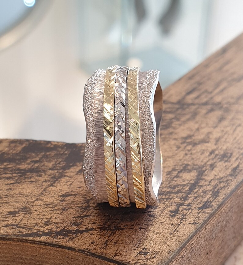 Two Tone Wedding Bands Women 14k Gold Spinner Band Glitter Etsy